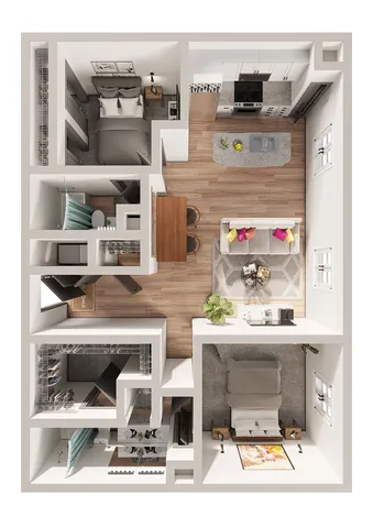 Modern 3D floor plan featuring two cozy bedrooms, a stylish open-concept living area, and a sleek kitchen with an island.