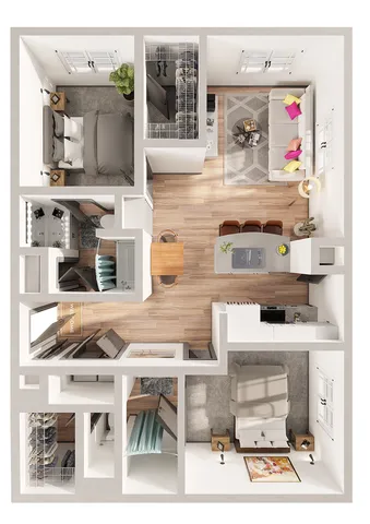 Modern apartment floor plan featuring two bedrooms, an open-concept living room with colorful decor, spacious kitchen with island, and inviting dining area.