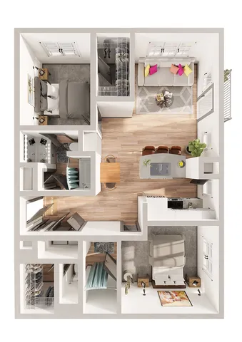 Modern 3D floor plan showcasing a stylish two-bedroom apartment with an open-concept living and dining area, contemporary kitchen, and spacious walk-in closets.