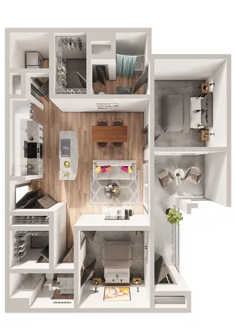 Modern floor plan featuring two cozy bedrooms, an open-concept living and dining area, and a sleek kitchen with an island. Ideal for comfortable urban living.