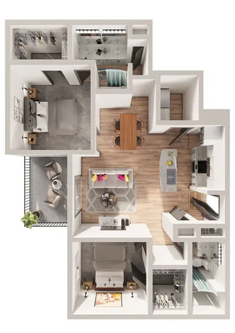 Chic 3D floor plan showcasing two elegant bedrooms, a modern kitchen, and a cozy open-plan living area with stylish furnishings.