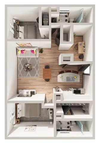 Chic apartment floor plan with 2 cozy bedrooms, a modern kitchen with island, and an inviting living area perfect for relaxation.