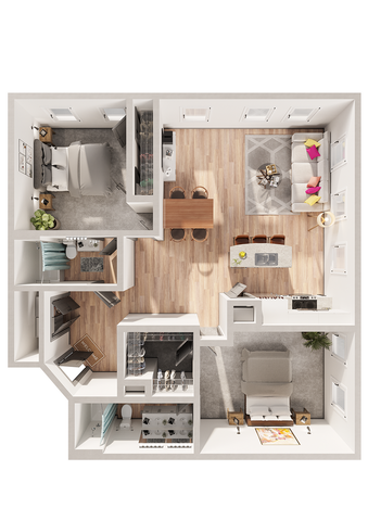 Modern 2D floor plan featuring a cozy 2-bedroom layout with an open-concept living and dining area, stylish kitchen island, and elegant decor.