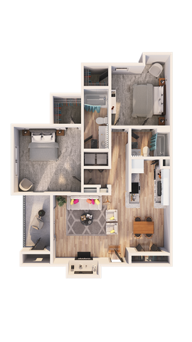Modern 2D floor plan featuring two spacious bedrooms, a chic open-concept living area, and a sleek kitchen perfect for entertaining.