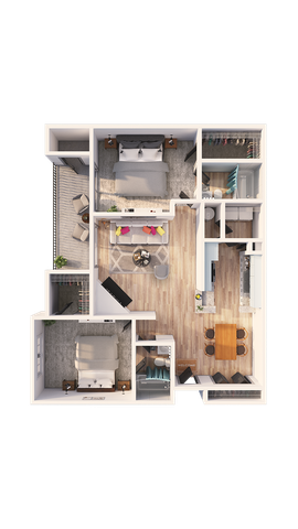 Chic 3D floor plan showcasing two spacious bedrooms, modern open-concept living area, and a sleek kitchen with dining space, complemented by cozy decor.
