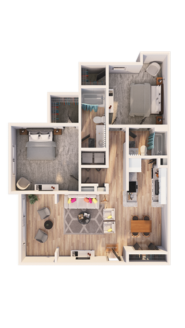 Modern 3D floor plan featuring 2 spacious bedrooms, a cozy living room, and a sleek kitchen with dining area, showcasing contemporary design.