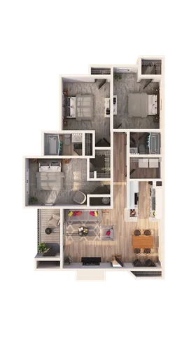 Inviting 3D floor plan showcasing 2 bedrooms, an elegant open-concept living and dining area, and a contemporary kitchen with breakfast bar.