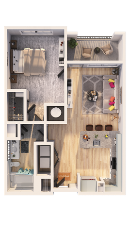 Chic 3D floor plan showcasing a cozy one-bedroom apartment, featuring an inviting open-concept living area, modern kitchen with island seating, and a private balcony for relaxation.
