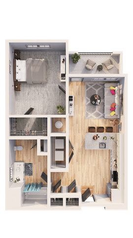 Chic open-layout floor plan showcasing a cozy bedroom, elegant living room, modern kitchen, and spacious bathroom.