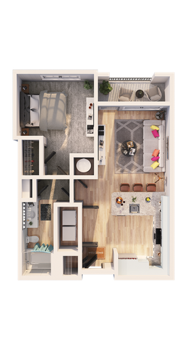 Chic 2D floor plan showcasing a modern 1-bedroom layout, open living and dining area, stylish kitchen, and cozy balcony.