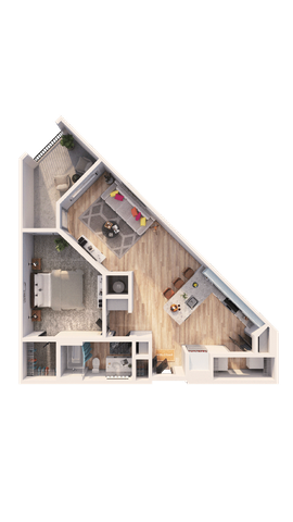 Chic and modern floor plan featuring 1 bedroom, stylish open-concept living area, inviting balcony, and sleek kitchen.