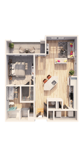 Elegant 2D floor plan showcasing a spacious apartment with a cozy bedroom, modern kitchen with island, inviting living room, and private balcony for relaxation.