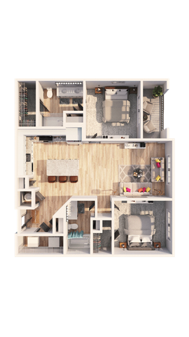 Modern floor plan featuring two spacious bedrooms, open-concept kitchen with island, and cozy living area with balcony access.