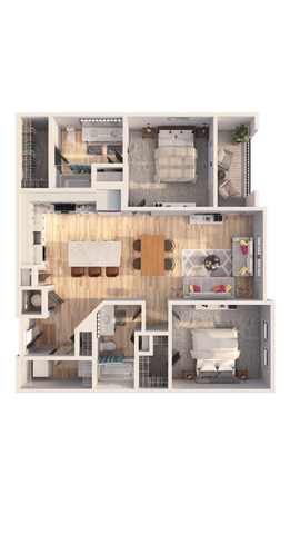Contemporary 2D apartment floor plan featuring two spacious bedrooms, an elegant open-plan living area with a modern kitchen, and a cozy dining space. Perfect blend of style and functionality.