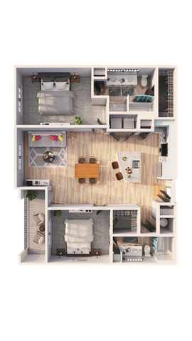 Modern floor plan showcasing 2 spacious bedrooms, a stylish open-concept kitchen and dining area, and a cozy living room with vibrant accents.