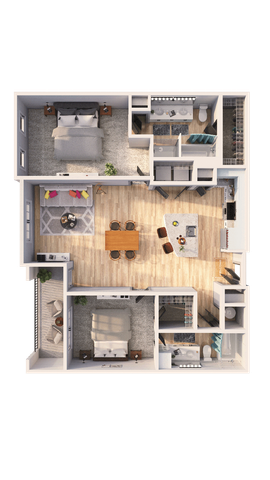 Inviting 3D floor plan showcasing 2 cozy bedrooms, an open living-dining area, modern kitchen, and a stylish balcony.
