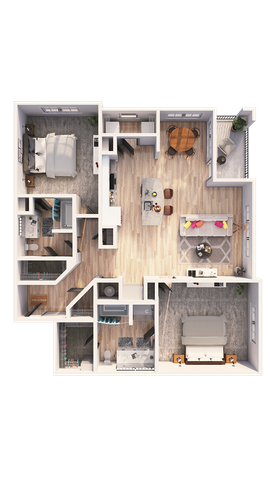 Modern 3D floor plan featuring two spacious bedrooms, an elegant open kitchen with an island, inviting living area, and a cozy dining nook, perfect for stylish urban living.