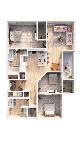 Modern 2D floor plan showcasing a spacious apartment with three bedrooms, two bathrooms, an open kitchen with island, and a cozy living room area.