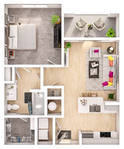 Modern 3D floor plan showcasing a single-bedroom apartment with an inviting living area, stylish open kitchen, and a cozy balcony.