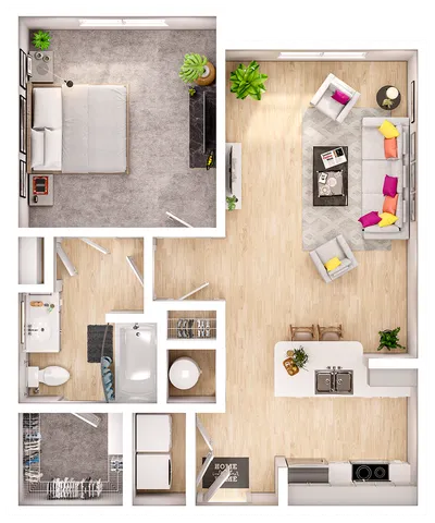 Modern 3D floor plan showcasing a single-bedroom apartment with an inviting living area, stylish open kitchen, and a cozy balcony.