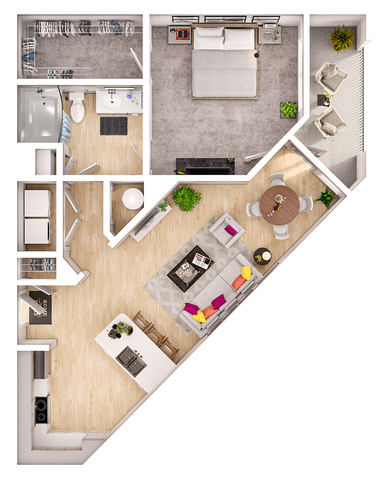 Modern 3D floor plan showcasing a single-bedroom apartment with an inviting living area, stylish open kitchen, and a cozy balcony.