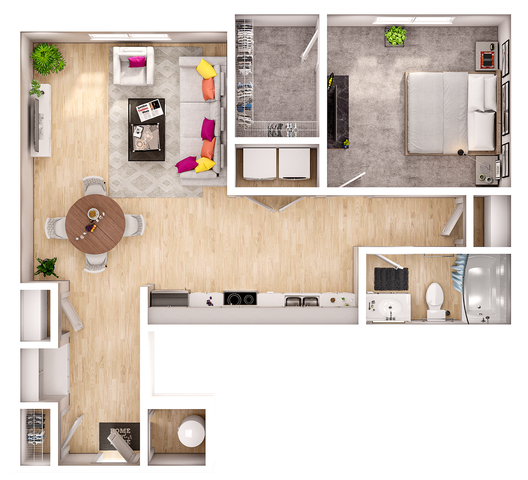 Modern 3D floor plan showcasing a single-bedroom apartment with an inviting living area, stylish open kitchen, and a cozy balcony.