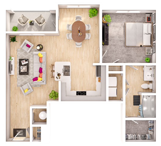 Modern 3D floor plan showcasing a single-bedroom apartment with an inviting living area, stylish open kitchen, and a cozy balcony.