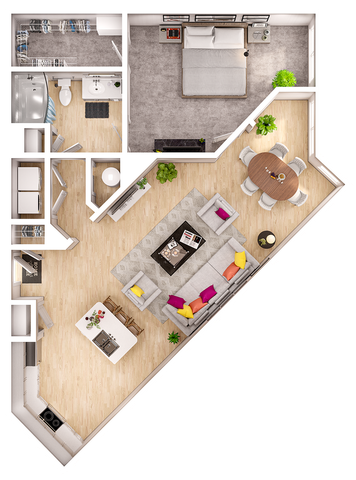 Modern 3D floor plan showcasing a single-bedroom apartment with an inviting living area, stylish open kitchen, and a cozy balcony.