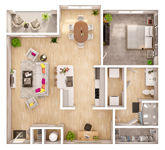 Modern 3D floor plan showcasing a single-bedroom apartment with an inviting living area, stylish open kitchen, and a cozy balcony.