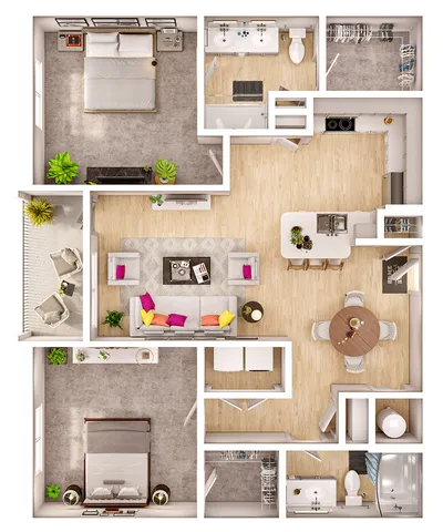 Modern 3D floor plan featuring 2 spacious bedrooms, stylish open-concept living area, and a contemporary kitchen with breakfast bar seating.