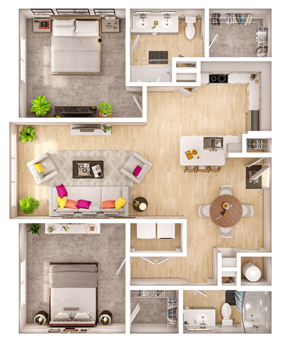 Modern 3D floor plan featuring 2 spacious bedrooms, stylish open-concept living area, and a contemporary kitchen with breakfast bar seating.