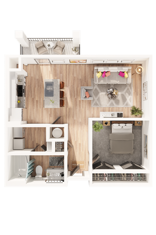 Elegant 1-bedroom floor plan featuring an open kitchen, cozy living area, modern bathroom, and a charming balcony.