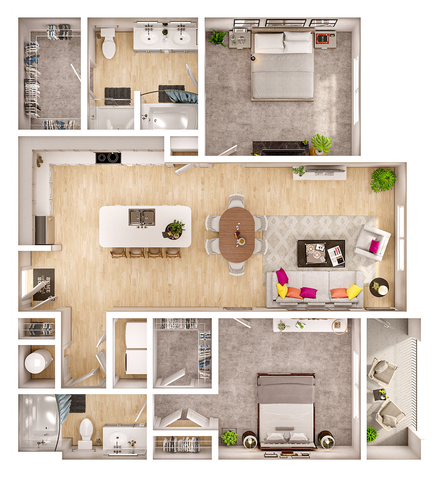 Modern 3D floor plan featuring 2 spacious bedrooms, stylish open-concept living area, and a contemporary kitchen with breakfast bar seating.