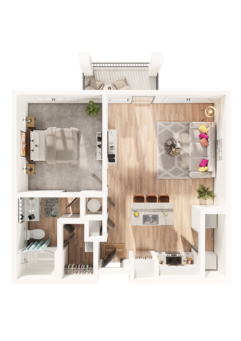 Chic floor plan featuring a cozy bedroom, stylish living area, modern kitchen with island seating, and inviting balcony space.