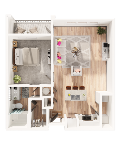 Modern one-bedroom apartment floor plan with a cozy balcony, stylish open-concept living room, and a sleek kitchen with an island.