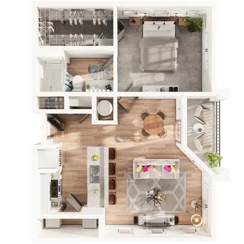 Contemporary 1-bedroom apartment floor plan with open-concept kitchen, cozy living area, and private balcony space.