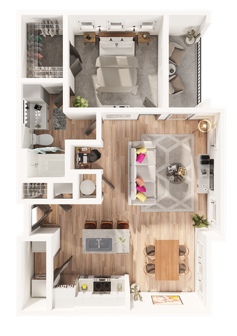 Charming 1-bedroom apartment floor plan featuring an open-concept living area, modern kitchen with island, cozy workspace, and inviting balcony space.