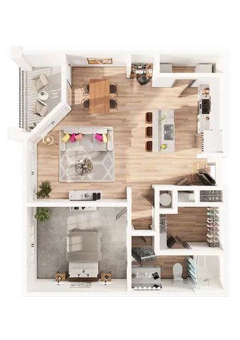 Elegant floor plan with one bedroom, open living space, modern kitchen with island, and a cozy balcony.