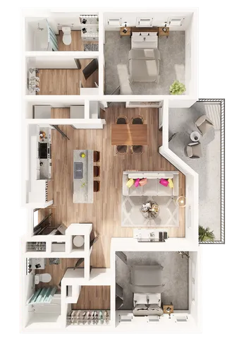 Modern 2-bedroom apartment floor plan with open-concept living and dining area, sleek kitchen island, and private balcony.