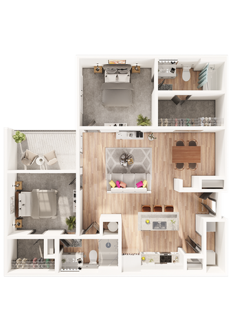 Modern 2D floor plan showcasing 2 bedrooms, spacious living area with vibrant decor, open kitchen with island, and private balcony.