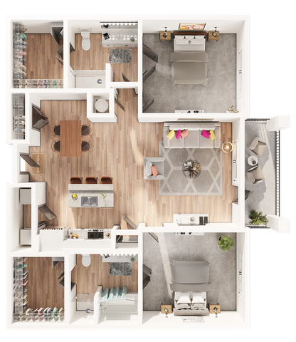 Elegant 2D floor plan showcasing a spacious layout with two bedrooms, a modern open-concept kitchen, and a cozy living area leading to a stylish balcony.