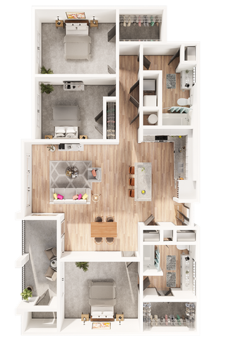 Elegant floor plan showcasing a spacious 3-bedroom apartment with a sleek open-concept living area, modern kitchen, and two chic bathrooms.