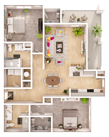 Modern floor plan showcasing 2 bedrooms and 2 bathrooms with an open-concept living and dining area. Features a sleek kitchen, cozy balcony, and abundant natural light, ideal for comfortable living.