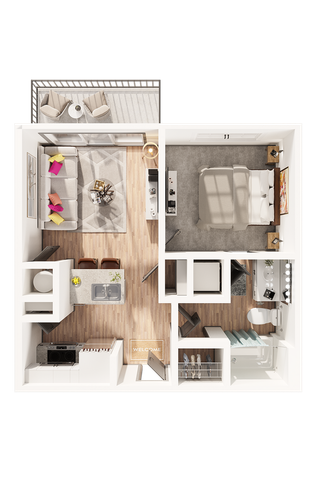 Modern 3D floor plan showcasing apartment with one bedroom, an open living area, contemporary kitchen, and a stylish balcony.