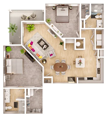 Modern floor plan showcasing 2 spacious bedrooms, a cozy living area, stylish kitchen, and outdoor patio for leisure.