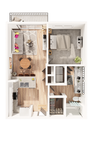 Modern 3D floor plan showcasing apartment with one bedroom, an open living area, contemporary kitchen, and a stylish balcony.