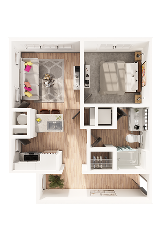 Modern 3D floor plan showcasing apartment with one bedroom, an open living area, contemporary kitchen, and a stylish balcony.