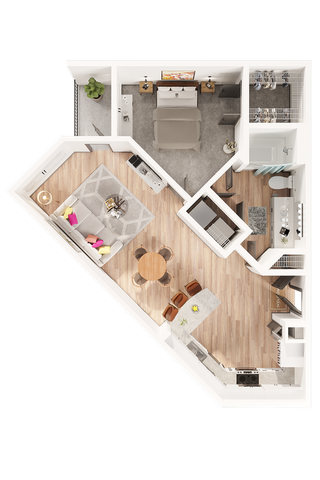 Modern 3D floor plan showcasing apartment with one bedroom, an open living area, contemporary kitchen, and a stylish balcony.