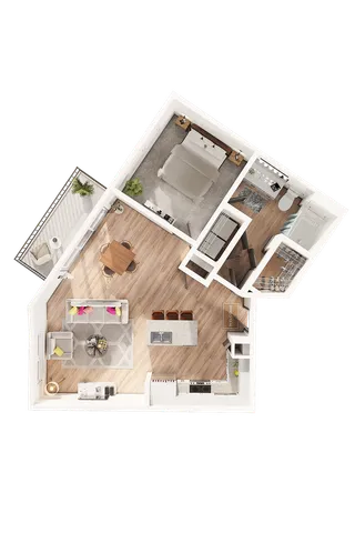 Modern 3D floor plan showcasing apartment with one bedroom, an open living area, contemporary kitchen, and a stylish balcony.
