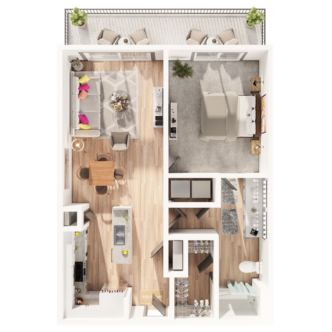 Modern 3D floor plan showcasing apartment with one bedroom, an open living area, contemporary kitchen, and a stylish balcony.
